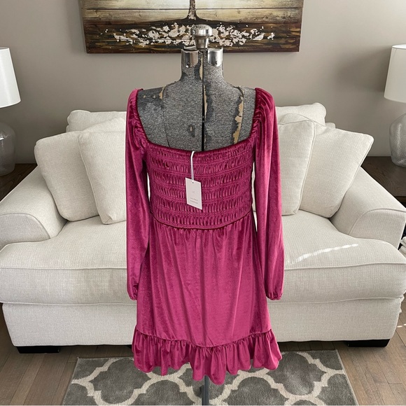 XS M  NWT LC Lauren Conrad fuchsia pink long sleeve velvet babydoll dress - Picture 7 of 10